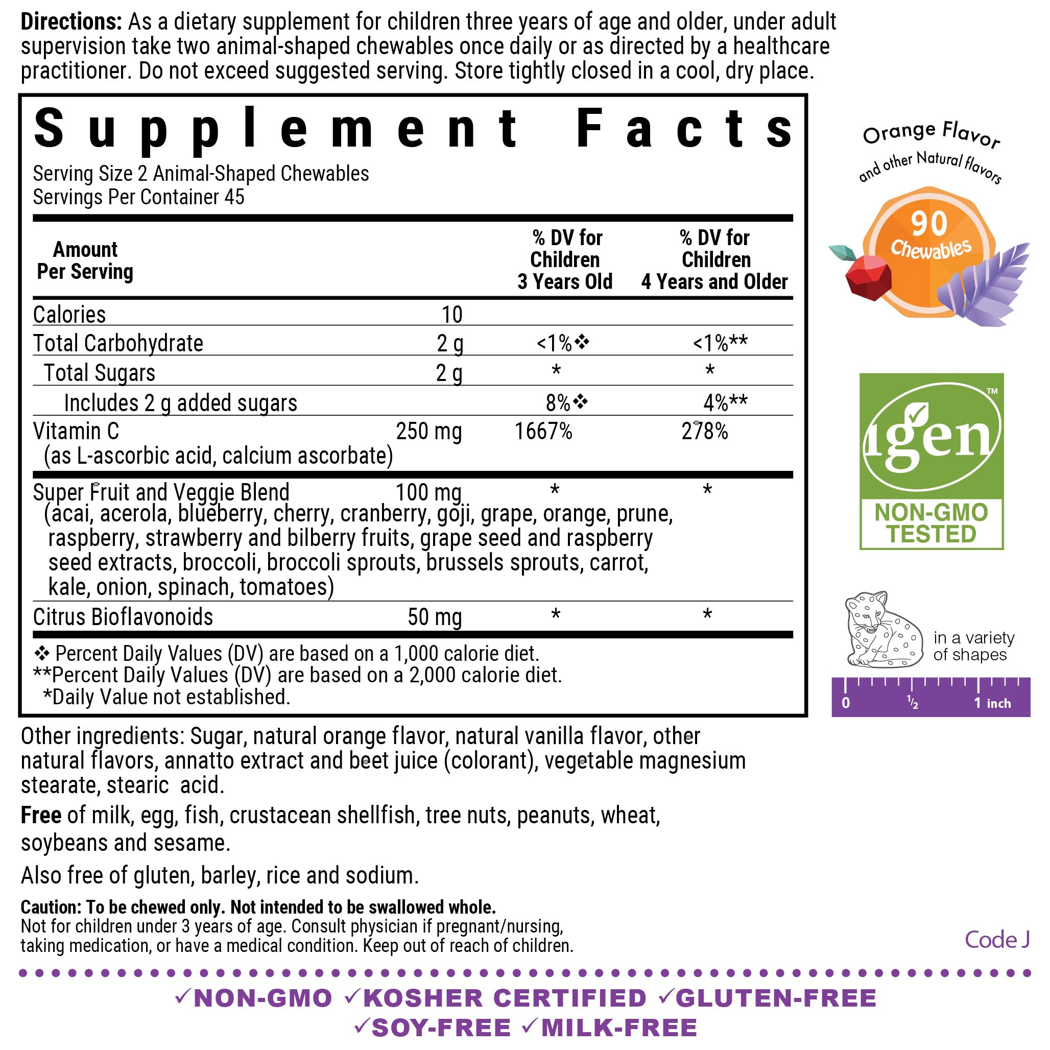 Animal-shaped Vitamin C chewables in orange flavor