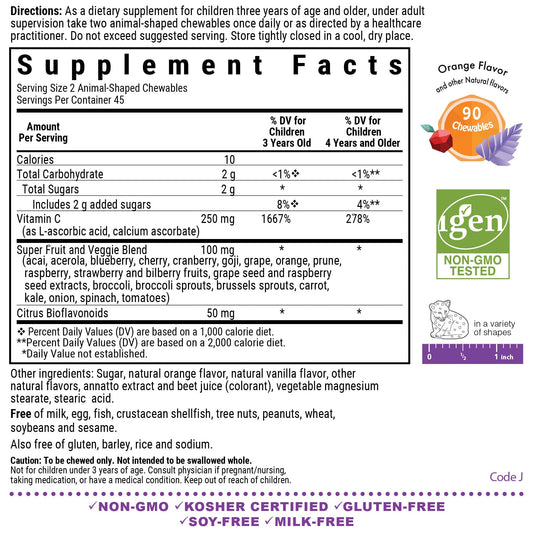 Animal-shaped Vitamin C chewables in orange flavor