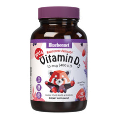 Front view of Bluebonnet Rainforest Animalz Vitamin D3 400 IU chewable bottle in mixed berry flavor