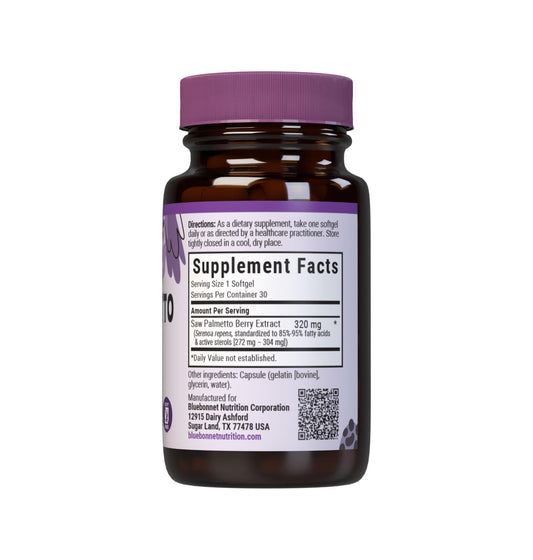 Close-up of BlueBonnet Saw Palmetto Berry Extract Softgels packaging
