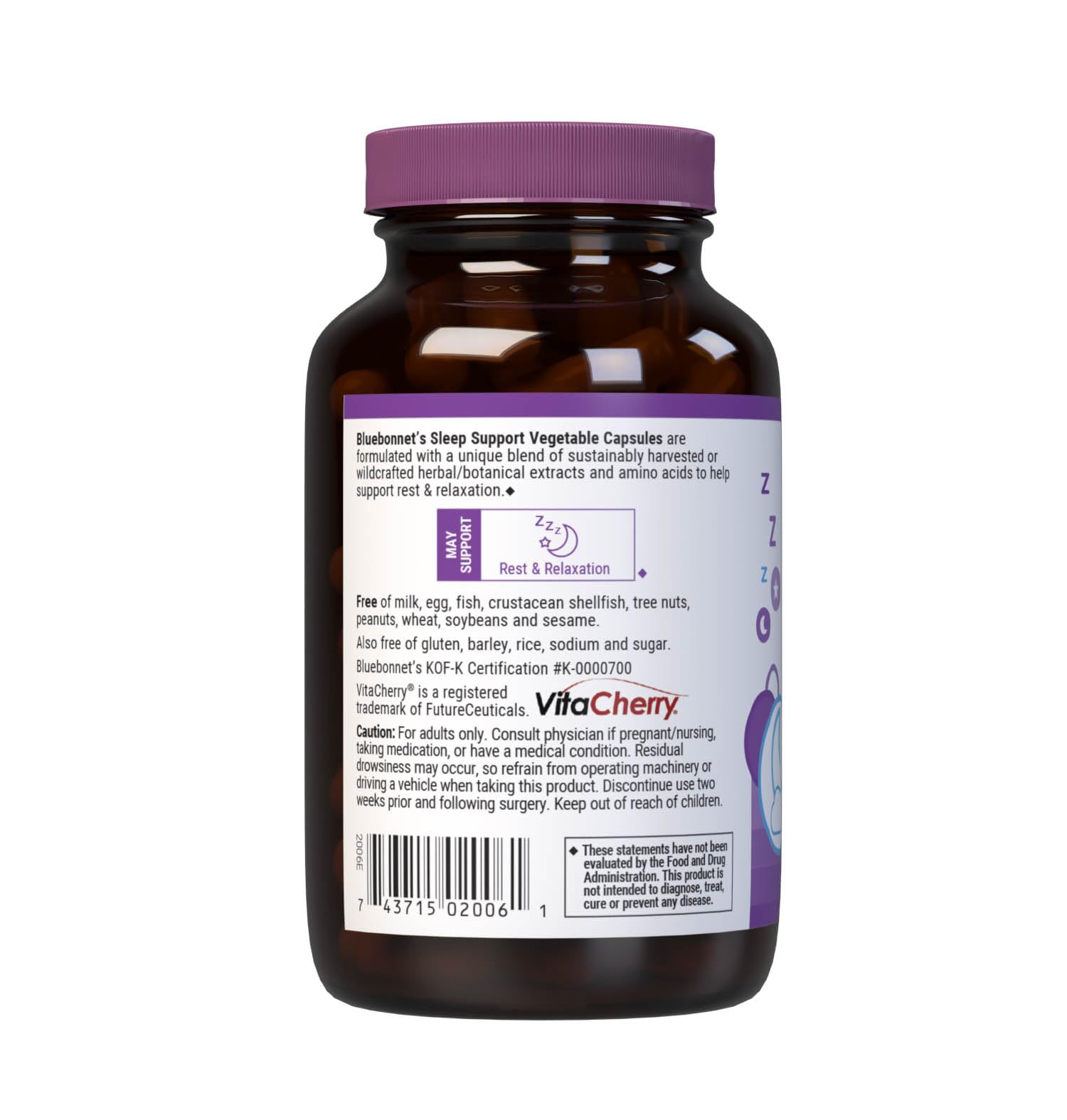 Non-GMO vegan gluten-free Kosher-certified label on Sleep Support