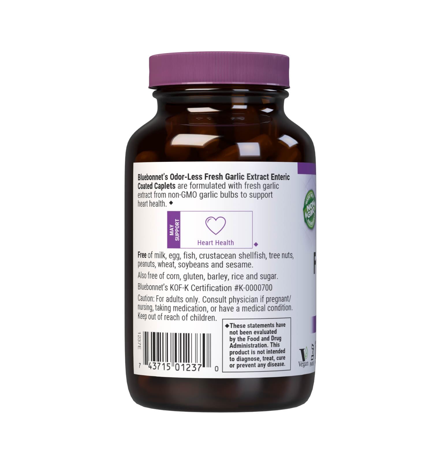 BlueBonnet garlic extract product label showing non-GMO vegan and allergen-free certifications
