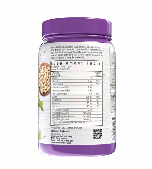 Close-up of non-GMO soy lecithin granules packaging and granules, 12.7 oz