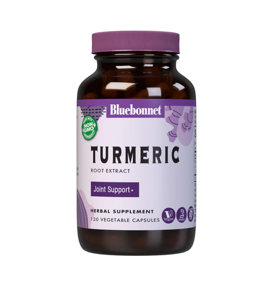 BlueBonnet Turmeric Root Extract supplement bottle front view, 120 count