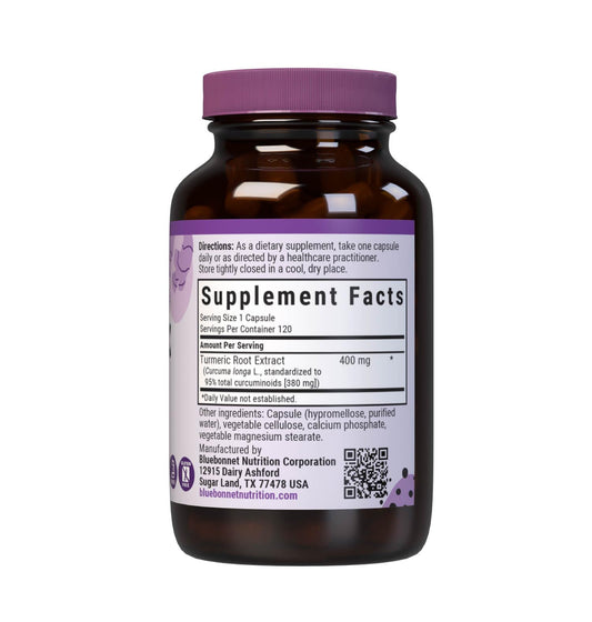 BlueBonnet Turmeric Root Extract supplement label showing 400 mg extract and 95% curcuminoids