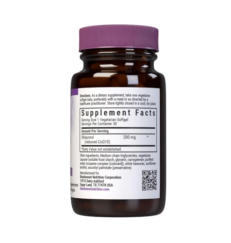 BlueBonnet ubiquinol 200 mg bottle close-up shows premium source