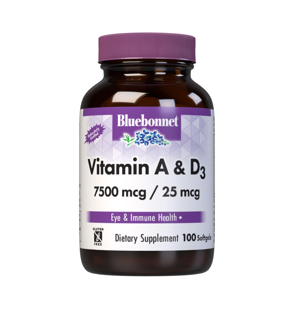 Bluebonnet Nutrition Vitamin A & D3 bottle label showing 25,000 IU / 1,000 IU