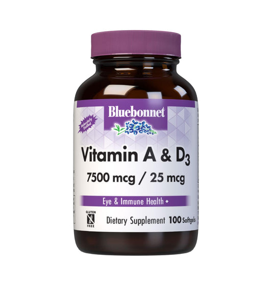 Bluebonnet Nutrition Vitamin A & D3 bottle label showing 25,000 IU / 1,000 IU