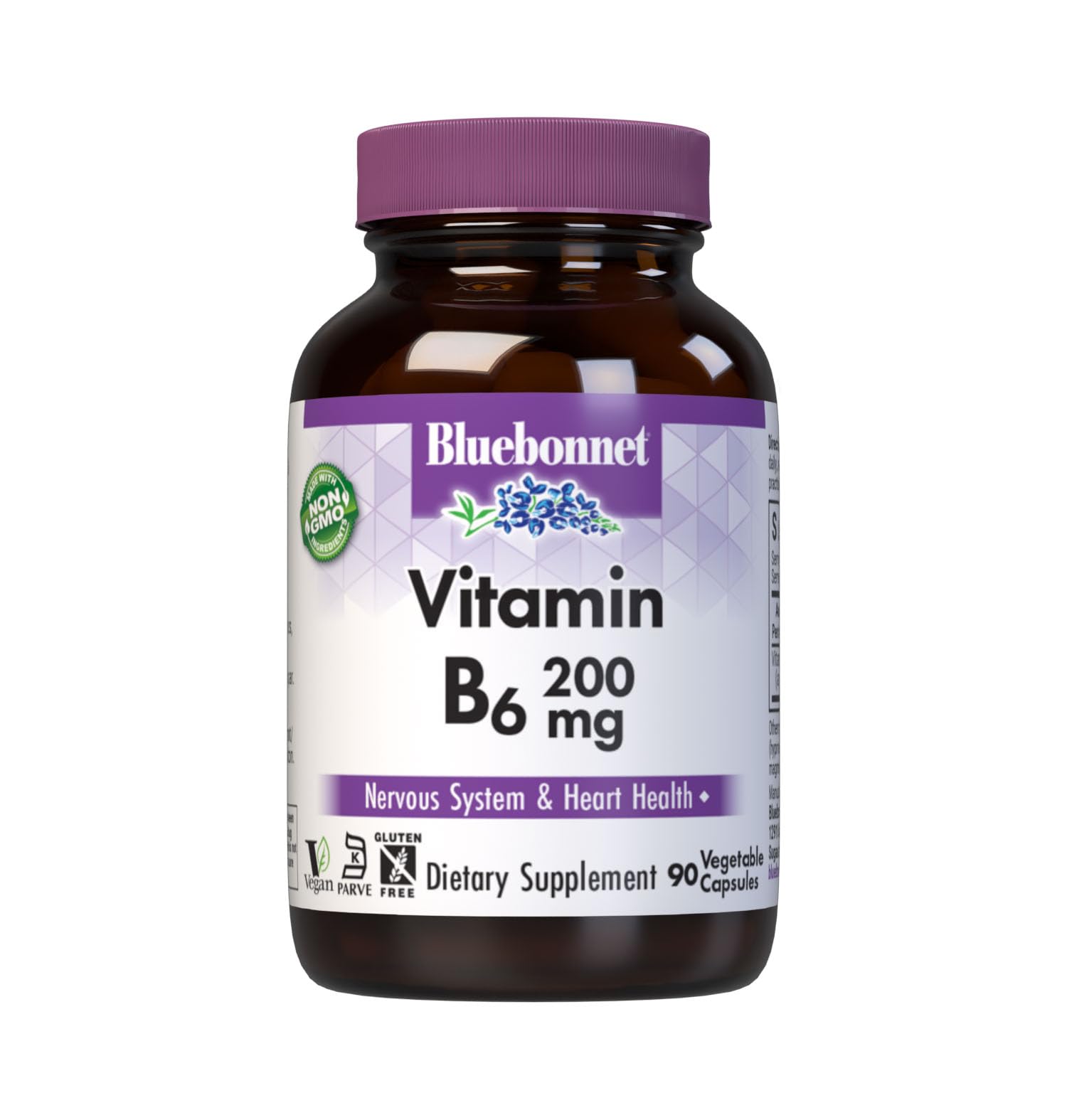 Bluebonnet Vitamin B6 200 mg vegetable capsules bottle label