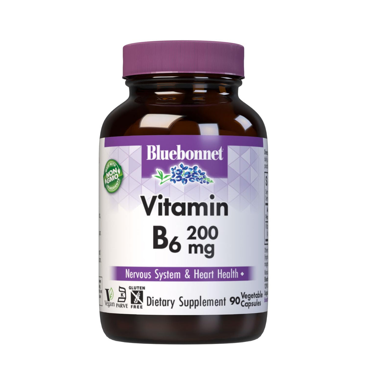 Bluebonnet Vitamin B6 200 mg vegetable capsules bottle label