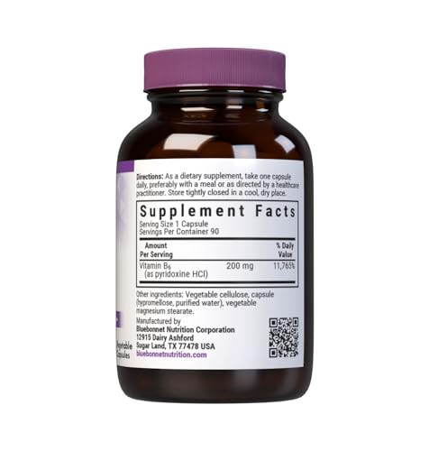 Close-up of Bluebonnet Vitamin B6 200 mg capsules