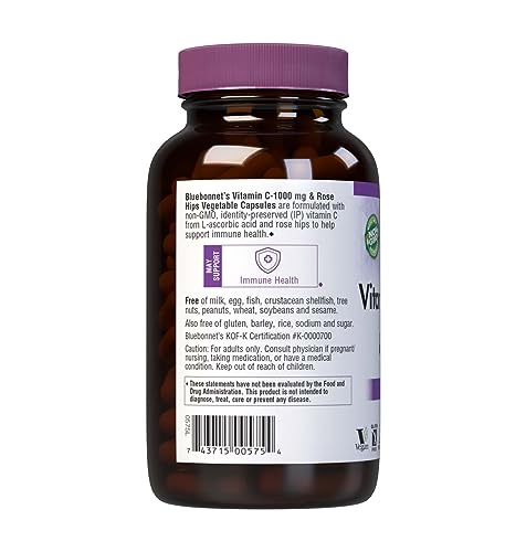 Close-up of bottle label for Bluebonnet Vitamin C 1000 mg Plus Rose Hips