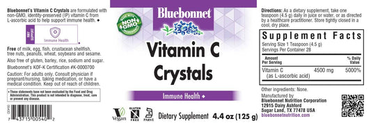 Bluebonnet Vitamin C Crystals container showing non-GMO, kosher, dairy-free and vegan attributes