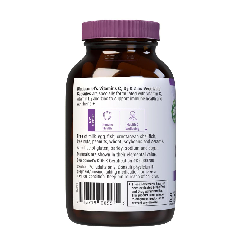 Ingredients and antioxidant blend of Bluebonnet Vitamin C, D3 & Zinc