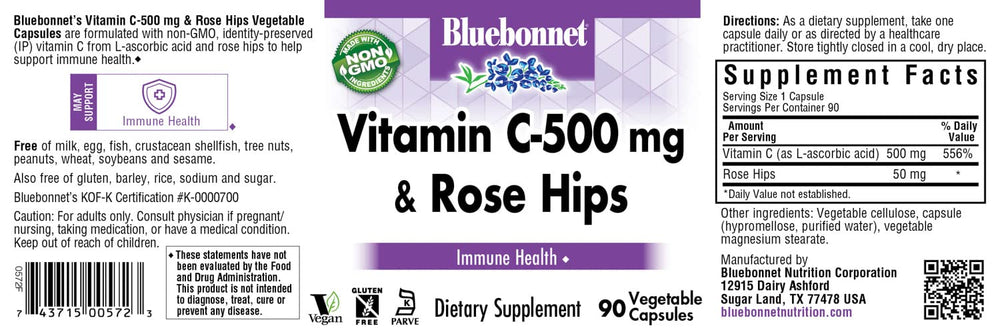 Front view of Bluebonnet Vitamin C-500 mg with Rose Hips vegetable capsules bottle