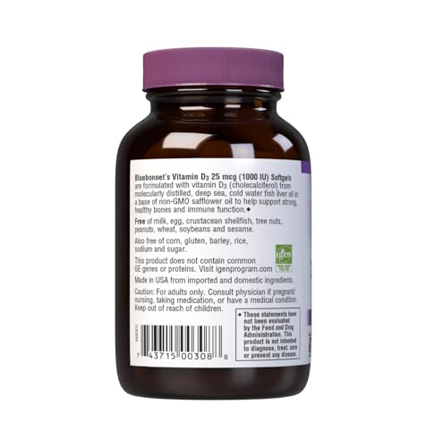 Bluebonnet Vitamin D3 1000 IU Softgels label showing non-GMO