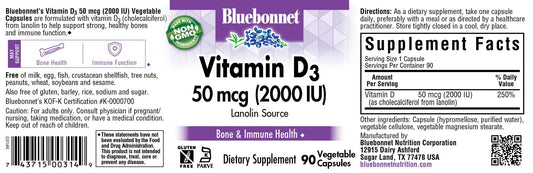 Supplement facts and allergen-free labeling on BlueBonnet Vitamin D3 capsules