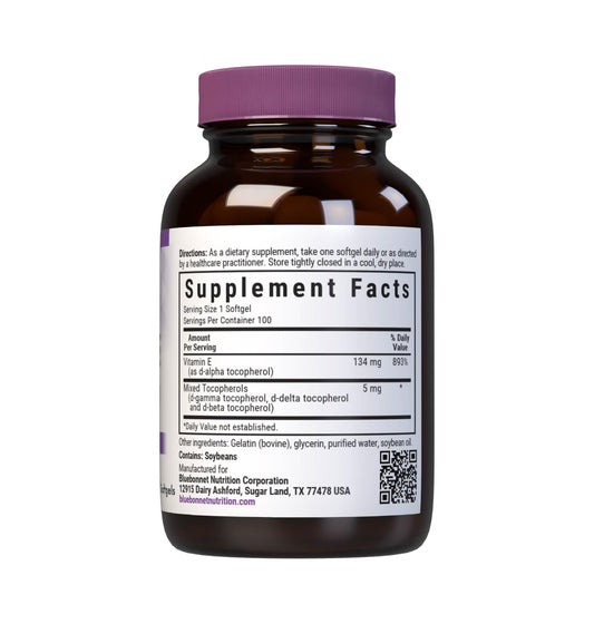 Close-up of BlueBonnet Vitamin E 200 IU Mixed Softgels bottle label