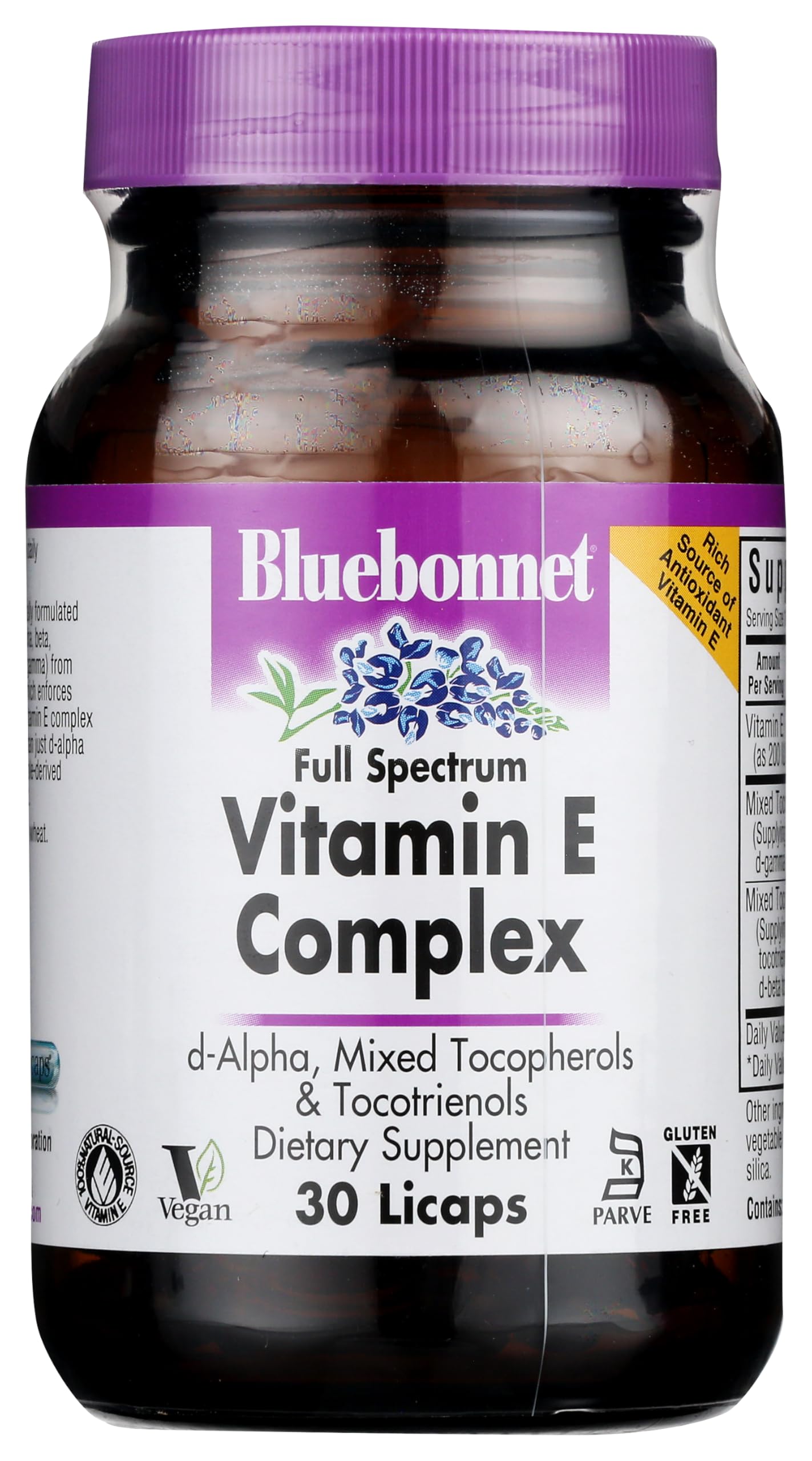 BlueBonnet Vitamin E Complex liquid capsule bottle label