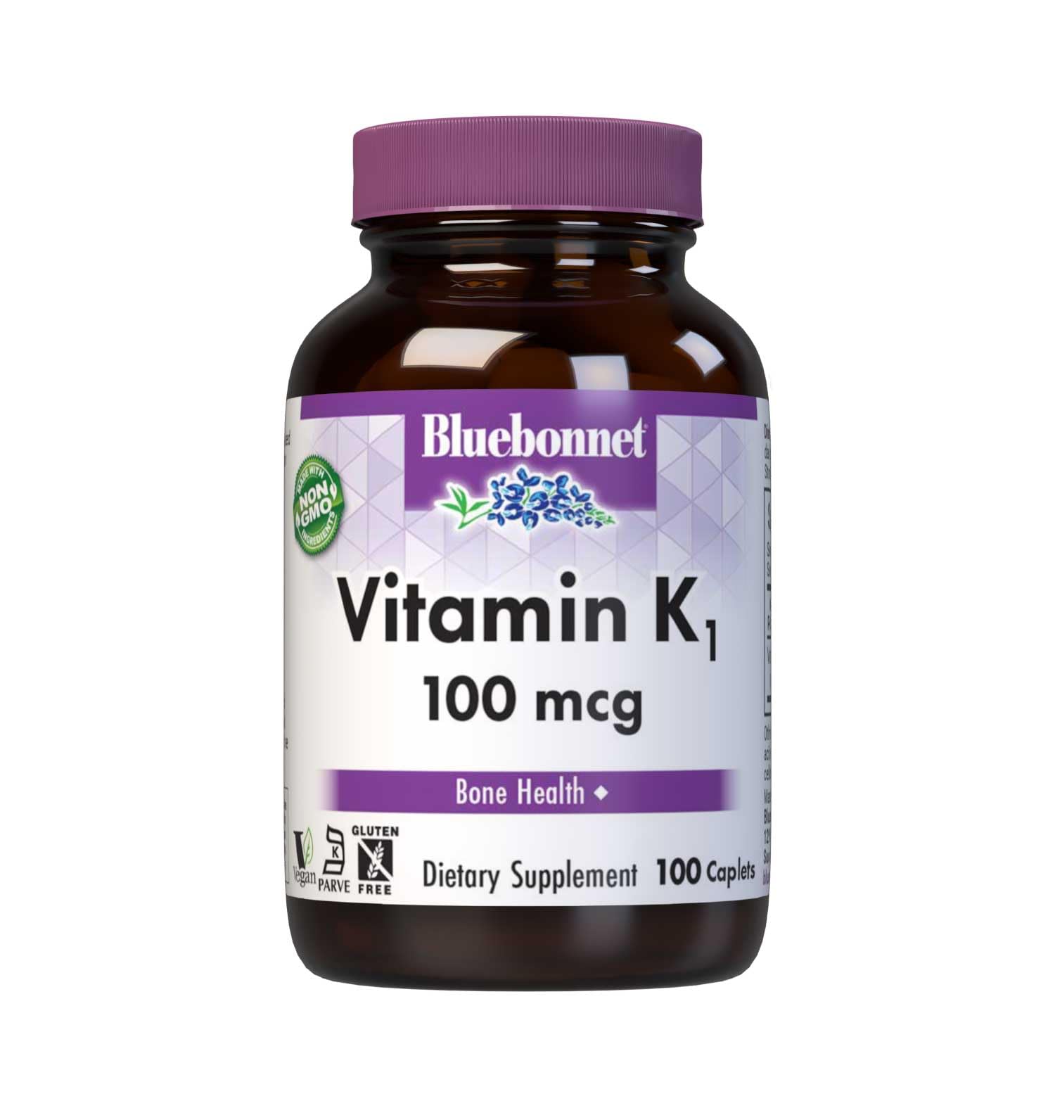 Bluebonnet Vitamin K1 100 mcg bottle label showing non-GMO vegan kosher gluten-free dairy-free
