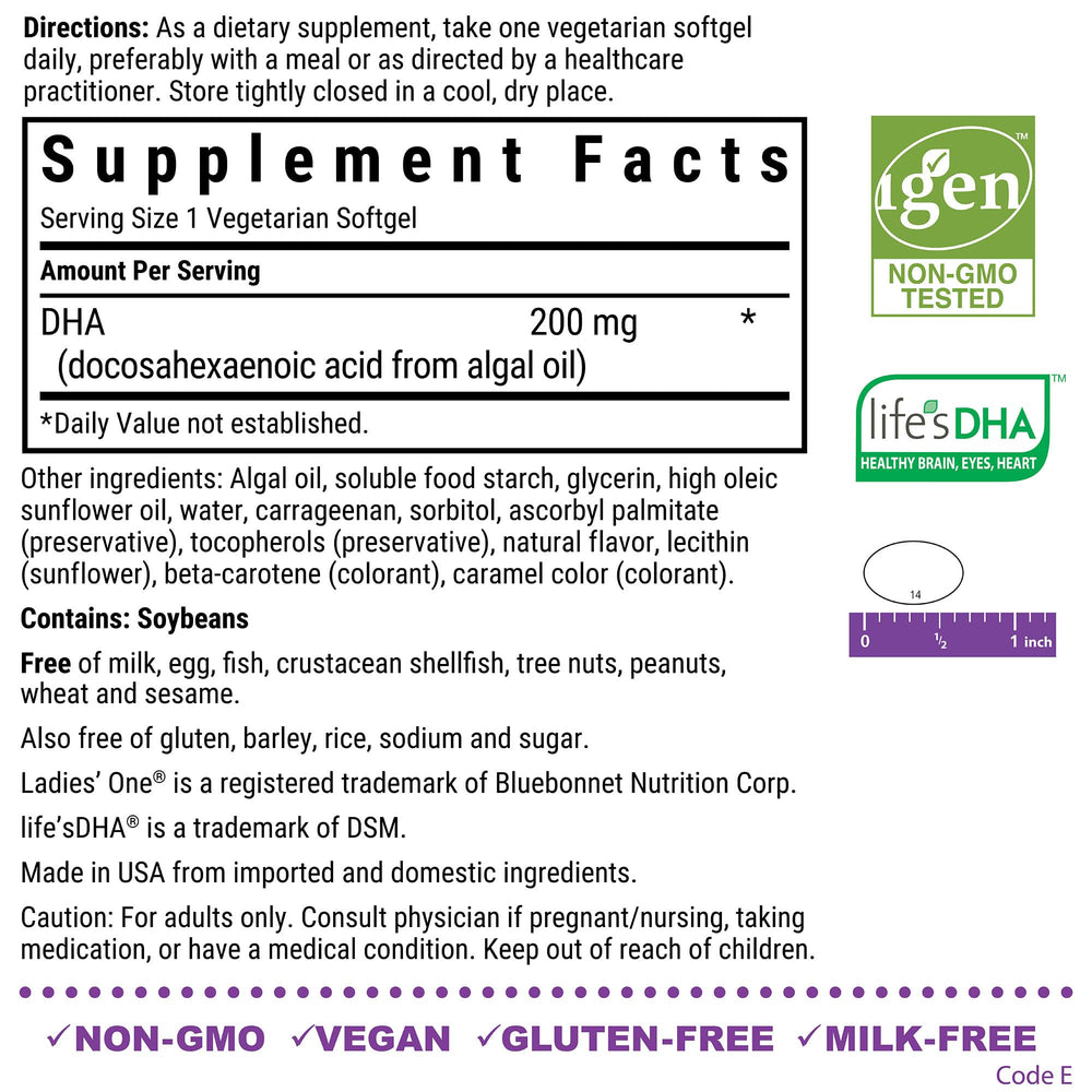 Bluebonnet Ladies' One Prenatal DHA bottle - back view with nutrition facts