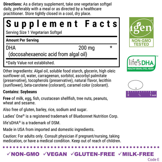 Bluebonnet Ladies' One Prenatal DHA bottle - back view with nutrition facts