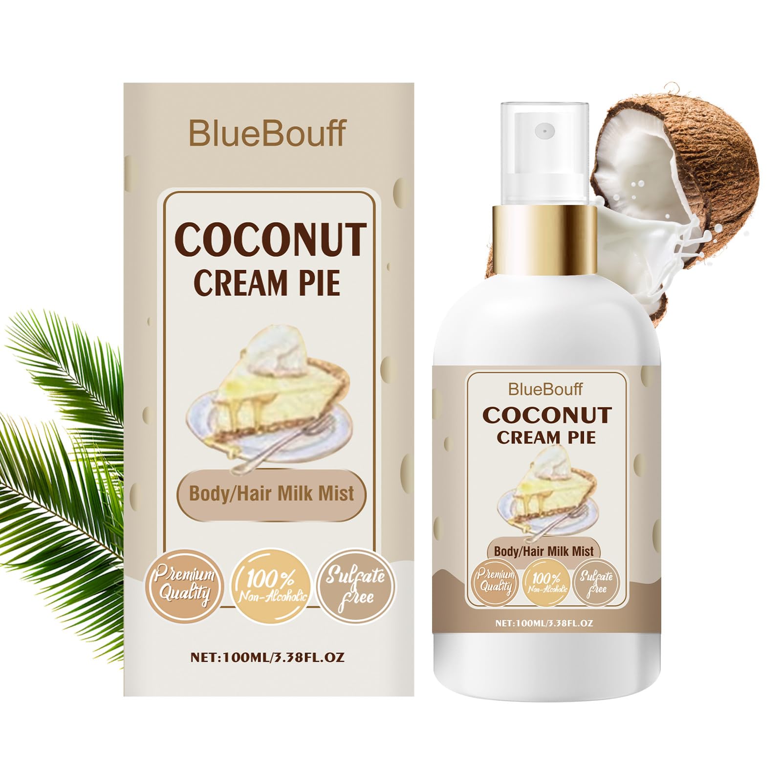 BlueBouff Body Hair Milk Mist spray shows coconut fragrance for daily hydration.