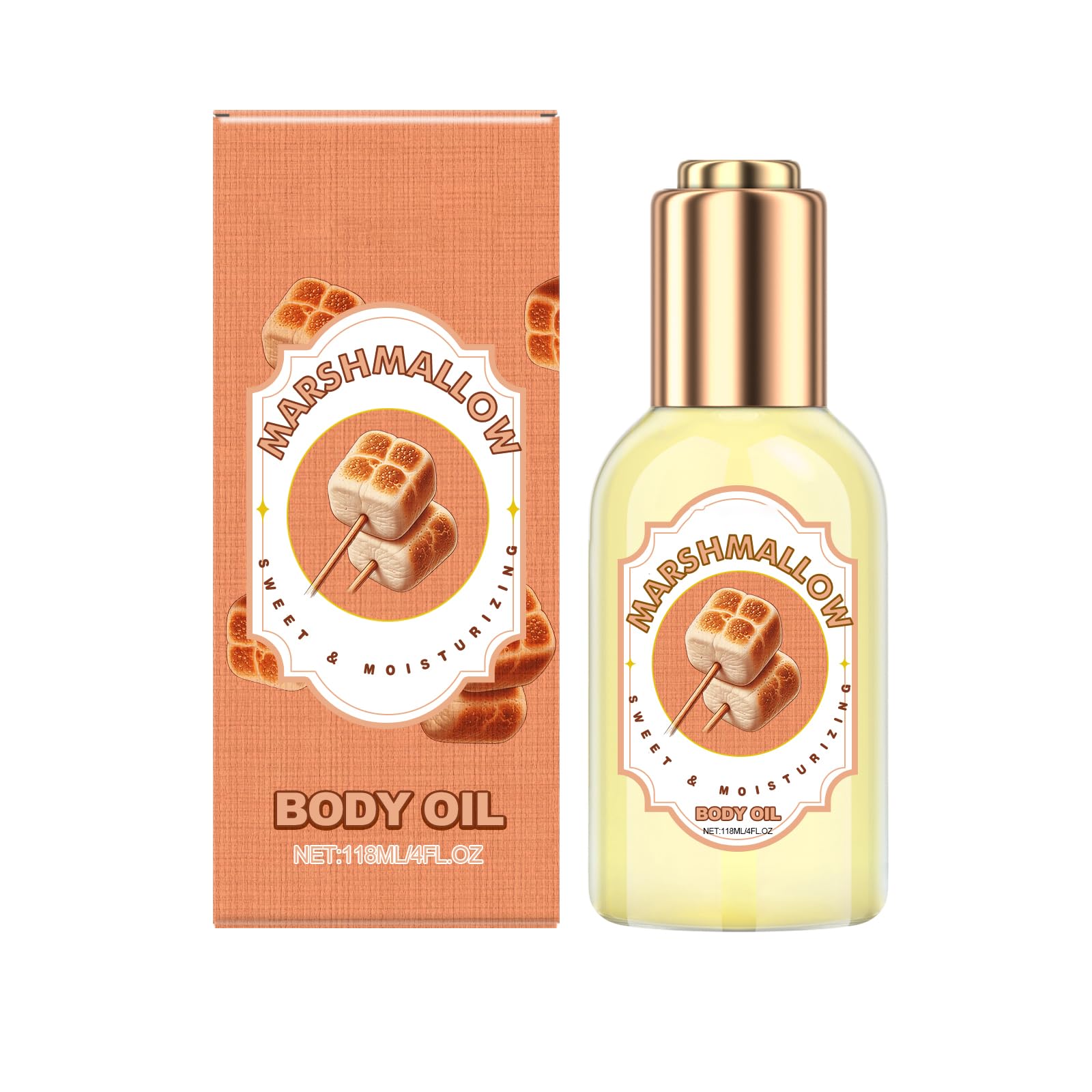 BlueBouff Marshmallow Body Oil bottle with pump for quick hydration.