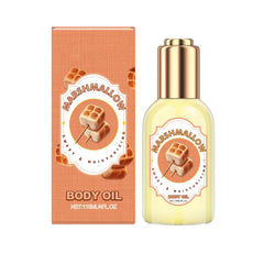 BlueBouff Marshmallow Body Oil bottle with pump for quick hydration.