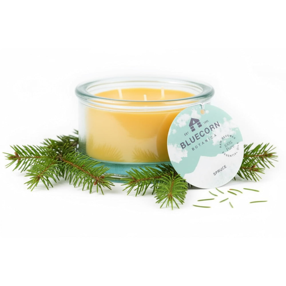 Bluecorn Beeswax 3-Wick Spruce Candle in a 10 oz glass jar