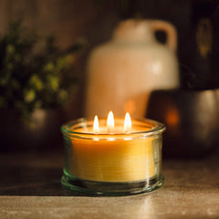 Bluecorn label on the glass jar candle