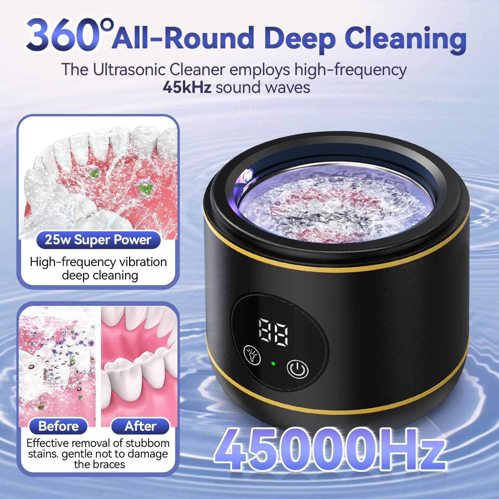 Dentures in BlueFire ultrasonic cleaner for 45kHz deep cleaning