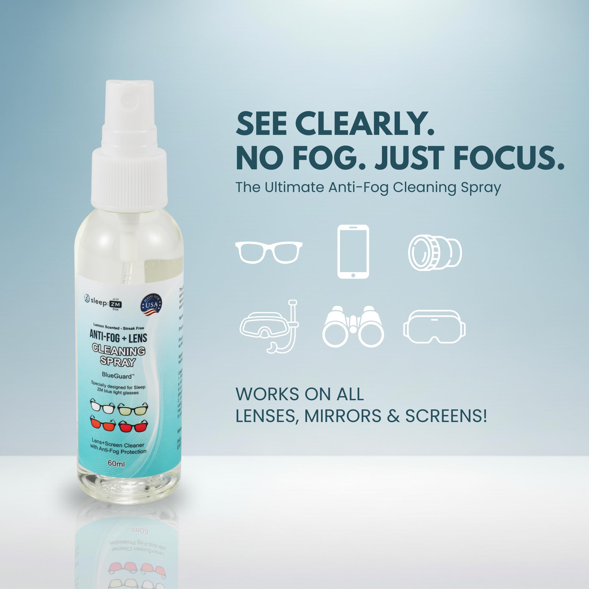 Spray applying BlueGuard onto eyeglass lenses