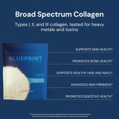 Blueprint Bryan Johnson collagen powder label close-up highlighting unflavored formula.