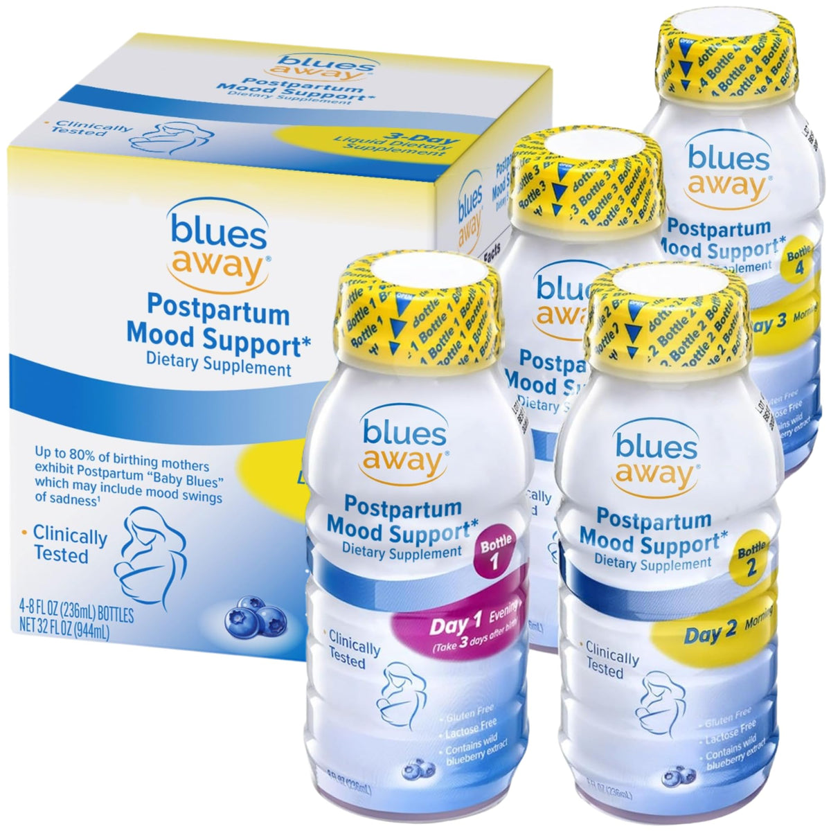 Blues Away postpartum mood support drink bottle labeled Day 1