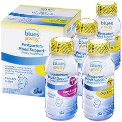 Blues Away postpartum mood support drink bottle labeled Day 1