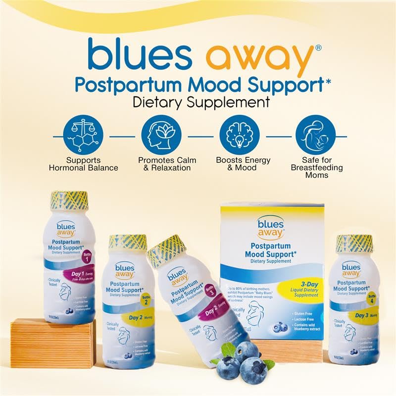 Blues Away postpartum mood support drink bottle labeled Day 3