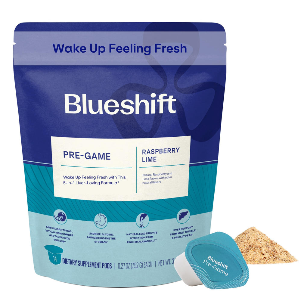 Blueshift Pre-Game 14-pack raspberry lime drink mix packets front view