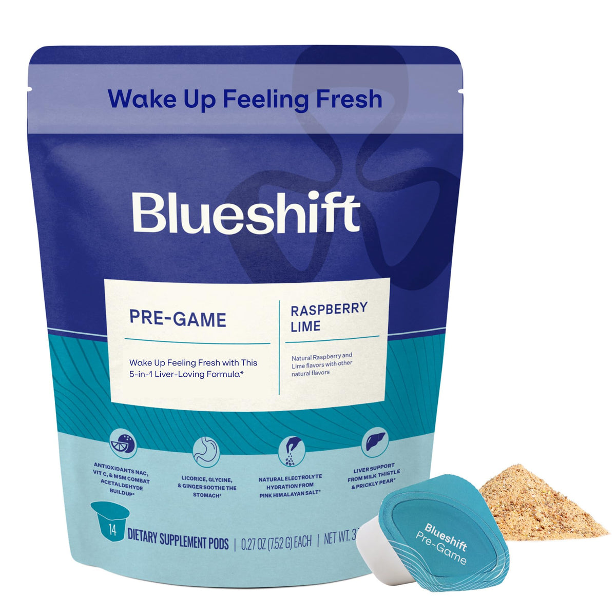 Blueshift Pre-Game 14-pack raspberry lime drink mix packets front view