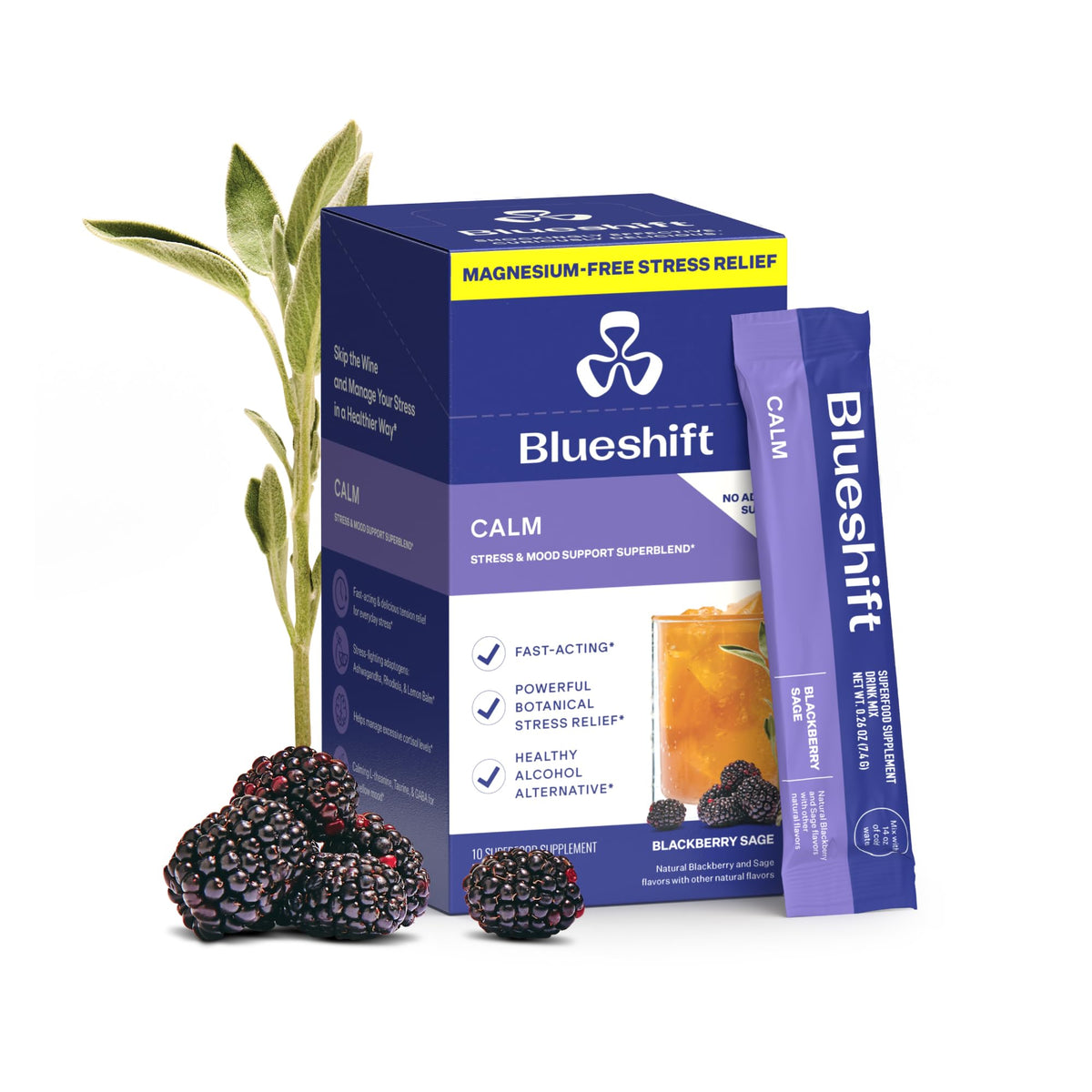 Blueshift Blackberry Sage stress relief drink mix packaging