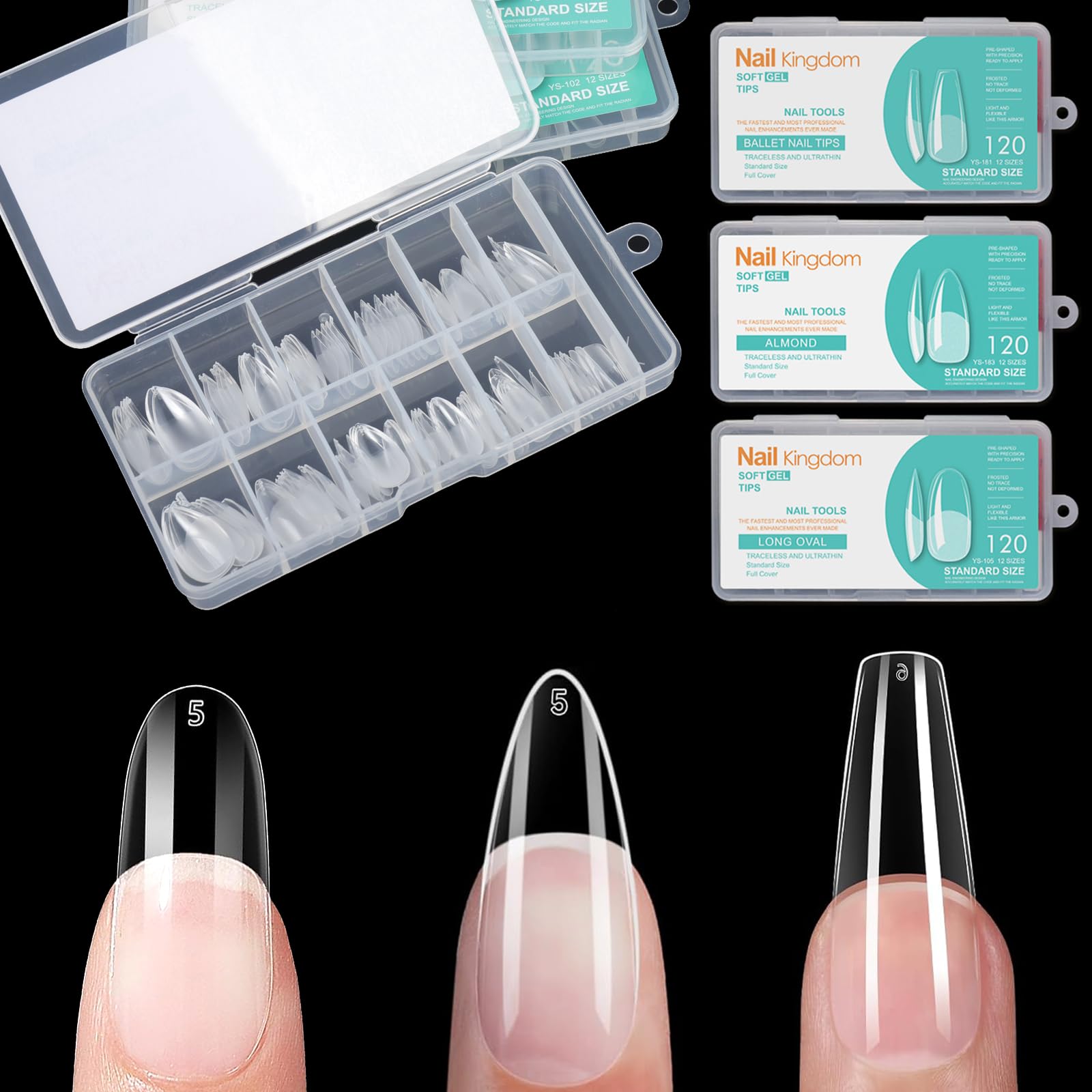 BlueZOO Gel Long Nail Tips almond shape for natural look and easy wear.