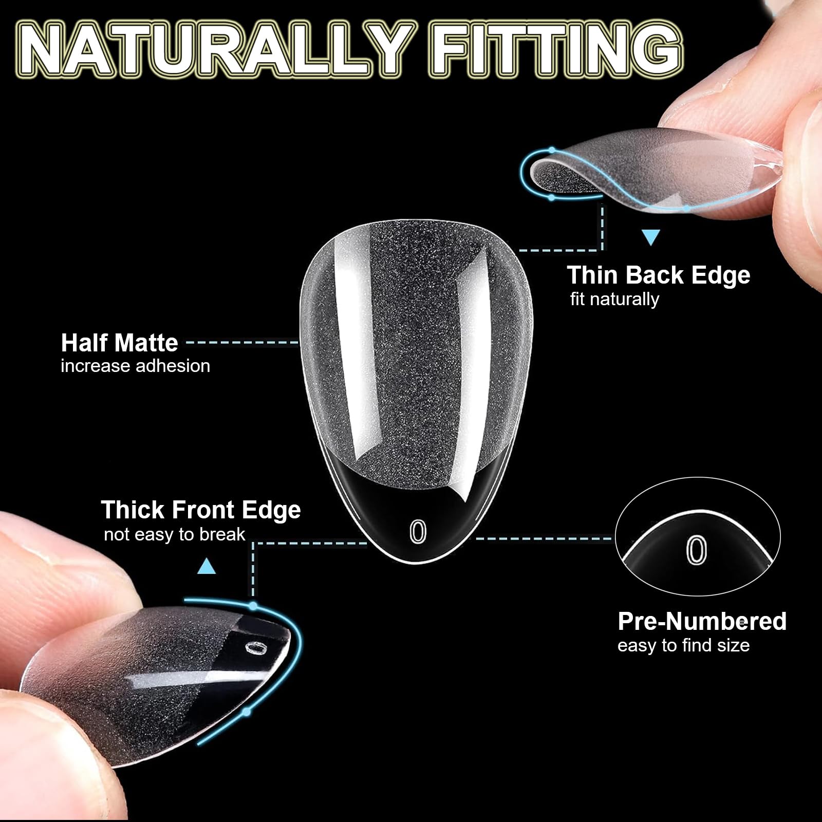 BlueZOO soft gel tips with a thick front edge for durability and reliable adhesion.