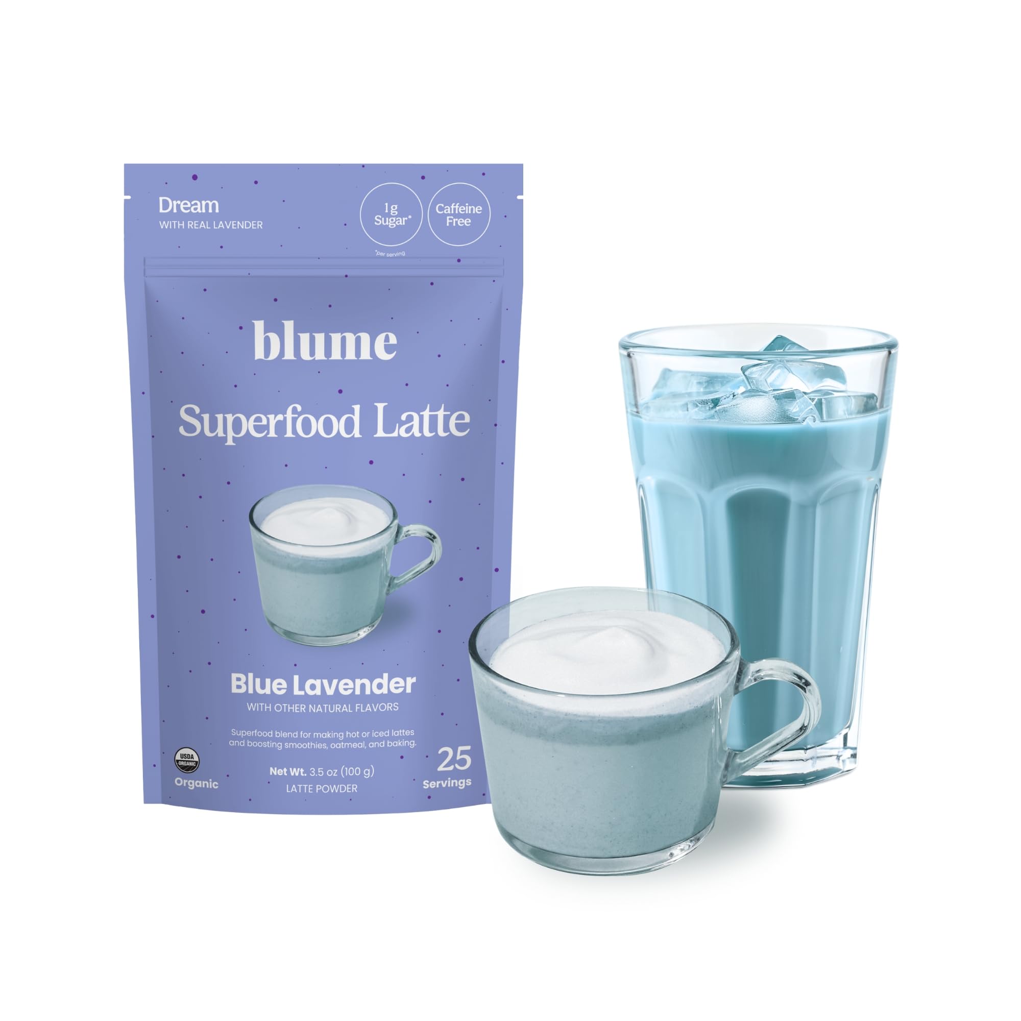 Blume Latte blue lavender powder in packaging