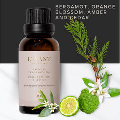 Close-up of Blushed Bergamot Laundry Oil label