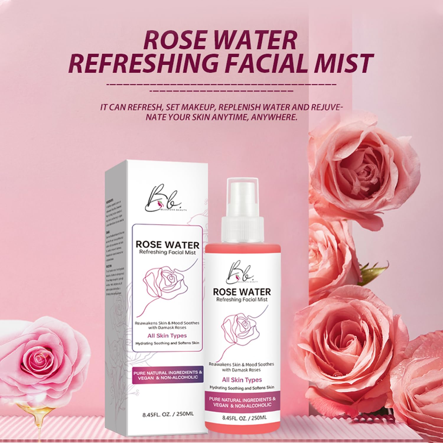 Blusheva Beauty Rosewater Mist spray action delivers a gentle, cooling mist