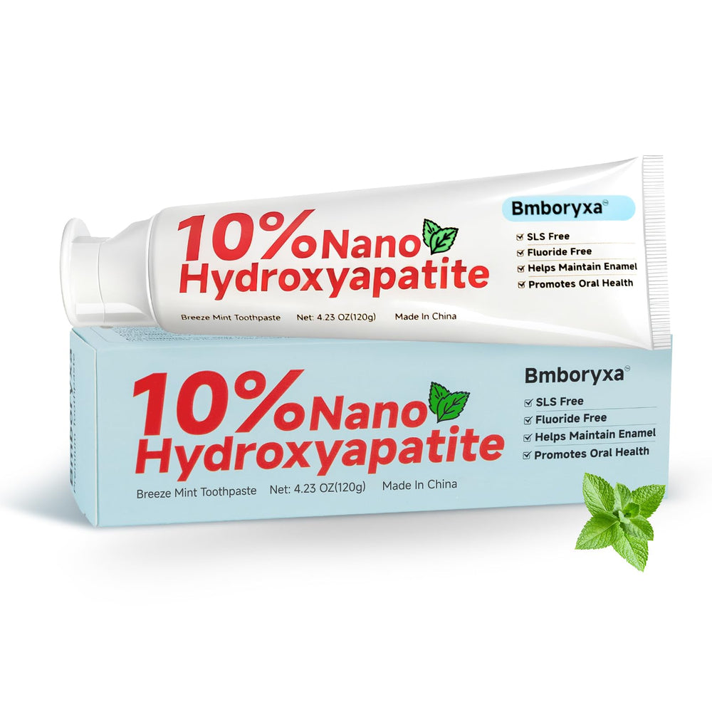 Front view of Bmboryxa 10% Nano Hydroxyapatite Toothpaste bottle with mint packaging