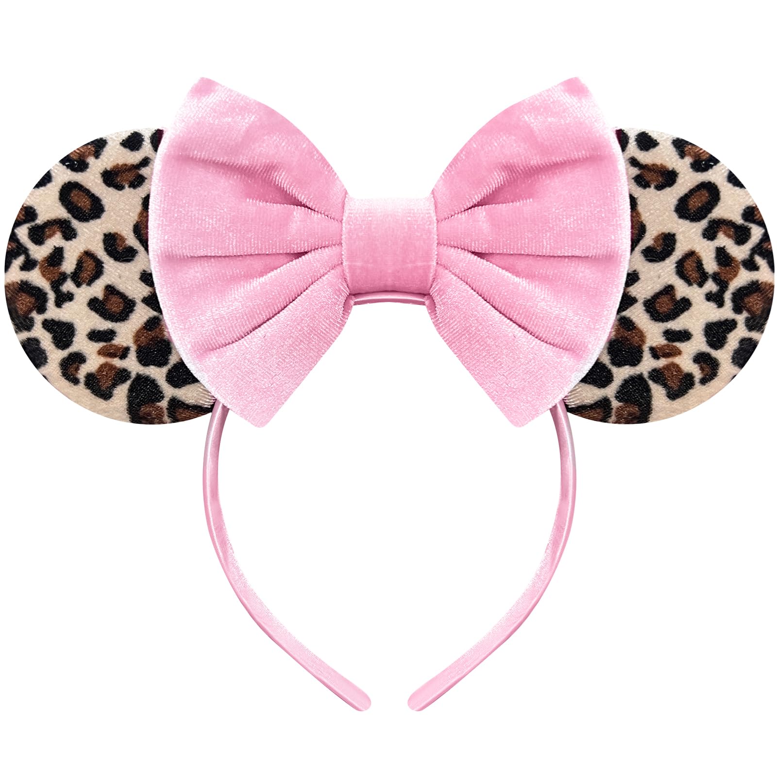 Bmobuo leopard print mouse ears headband with pink bows for cosplay and park visits