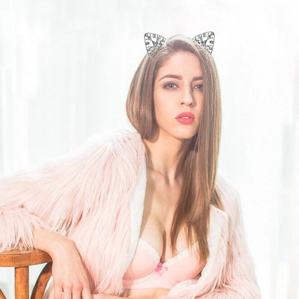 Bnikion crystal cat ears headband black detail enhances a chic evening look.