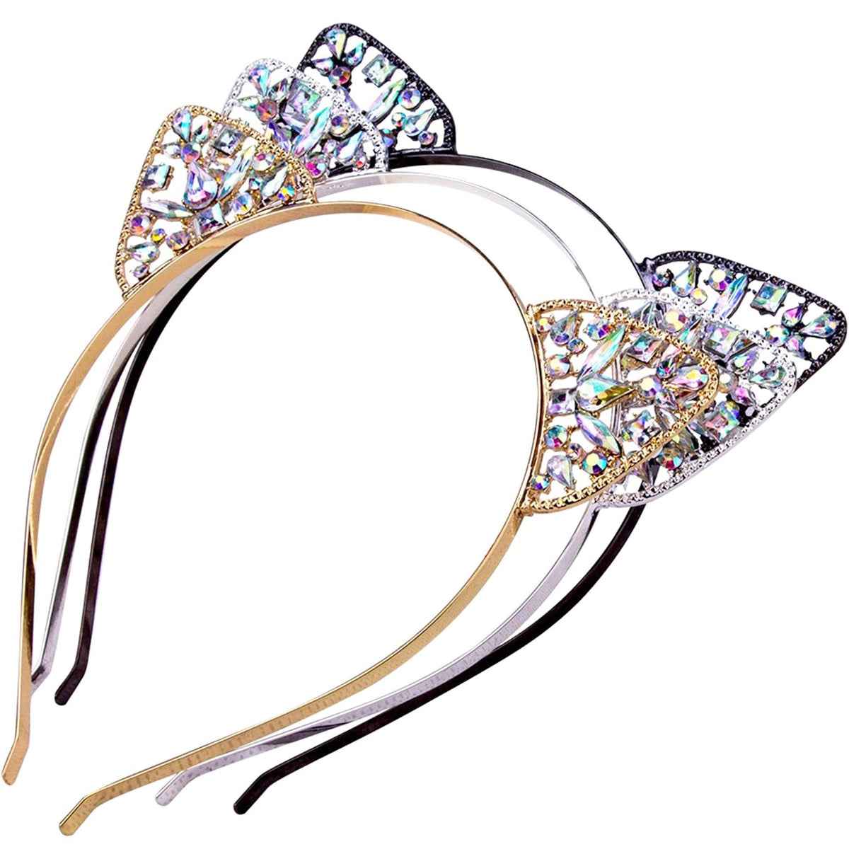 Bnikion crystal cat ears headband gold close-up showing sparkling rhinestones for party flair.
