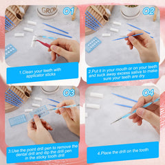 Glittering crystals teeth jewelry and applicator sticks
